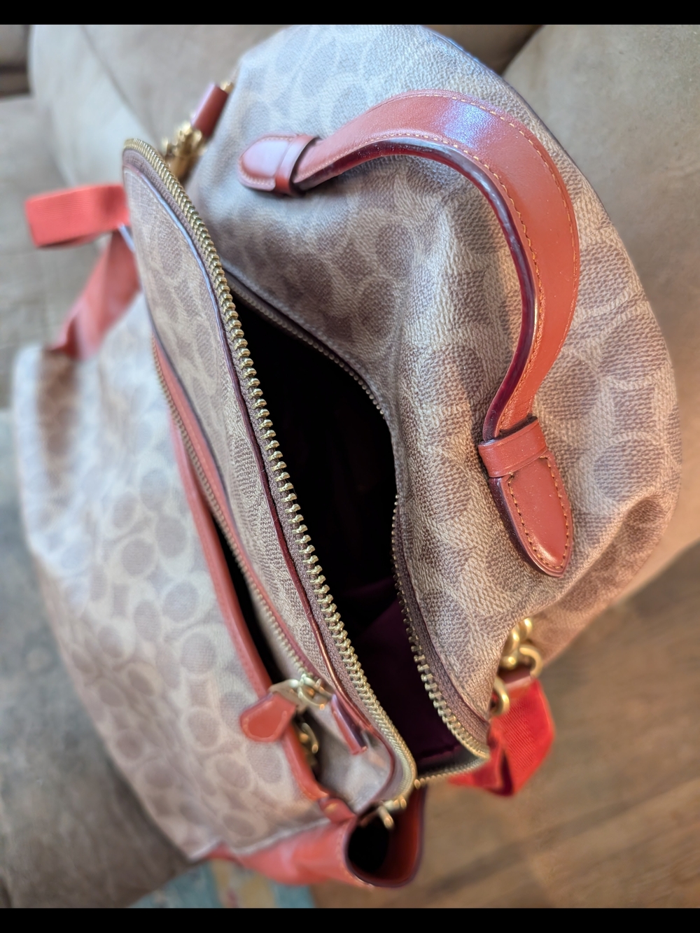 Coach Signature Canvas Backpack in Brown with Red Leather Trim - Picture 2 of 6